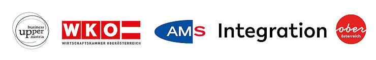 Logos von Business Upper Austria, Wirtschaftskammer OÖ, AMS, Integrationsstelle Oberösterreich