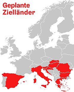 Europakarte mit den geplanten Zielländern Spanien, Italien, Kroatien, Slowenien, Ungarn, Slowakei, Rumänien und Bulgarien ©Business Upper Austria