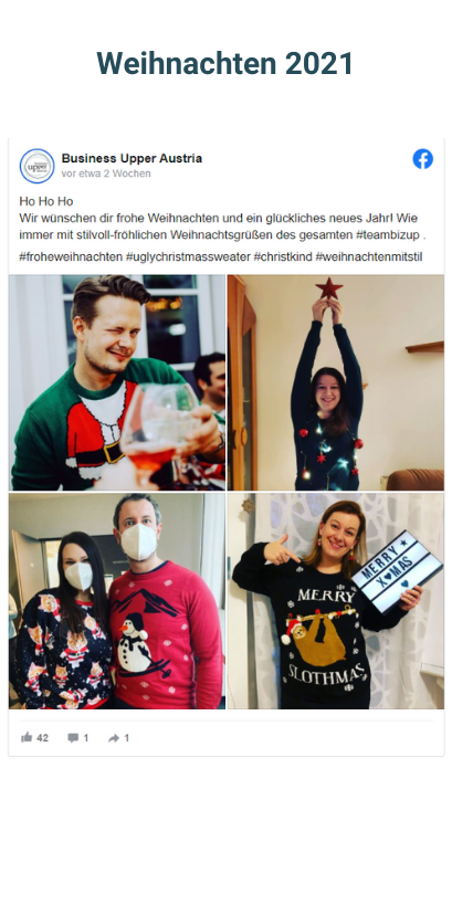 vier Bilder mit Personen mit lustigen Weihnachtspullovern